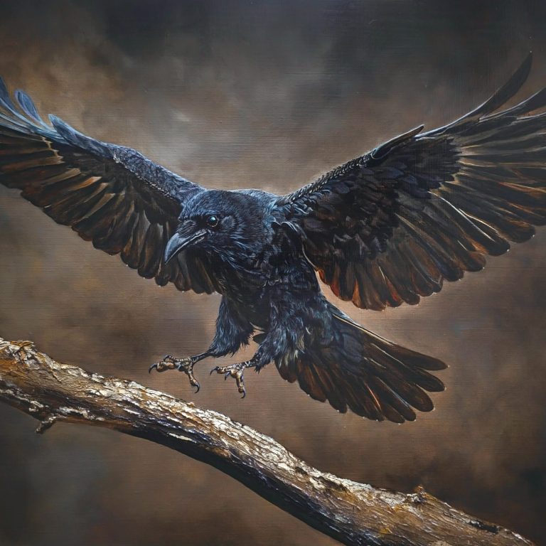 Peinture d'un corbeau qui se pose sur une branche