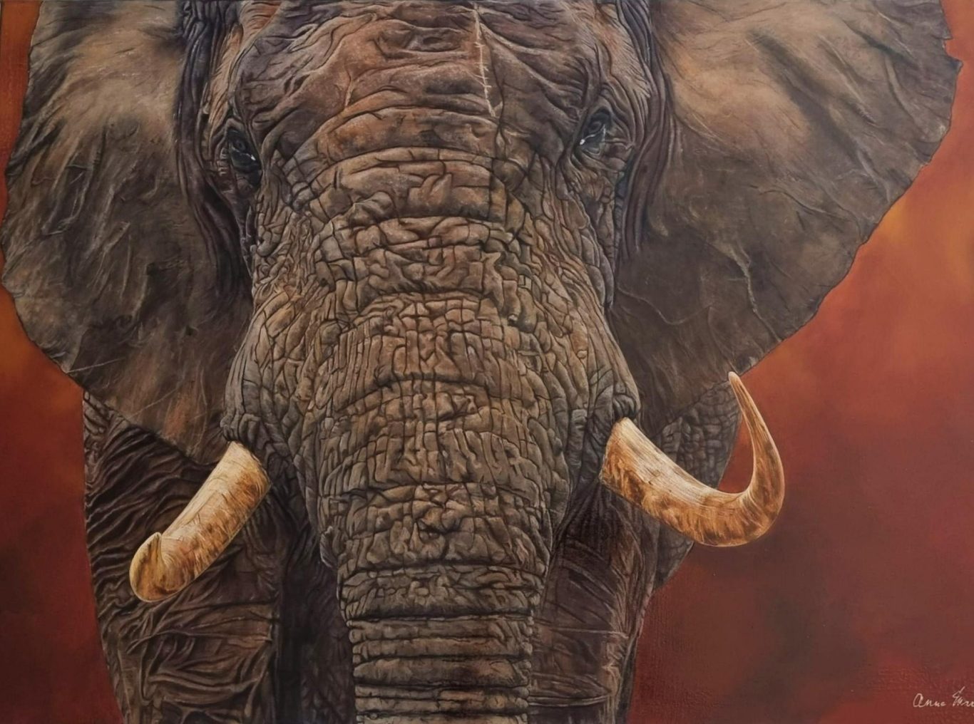 “Le Chemin du Sage” – Majestic elephant acrylic by Anne Marguet Acrylic painting “Le Chemin du Sage” by Anne Marguet, featuring a close-up of a majestic elephant against a reddish earth-toned background.
