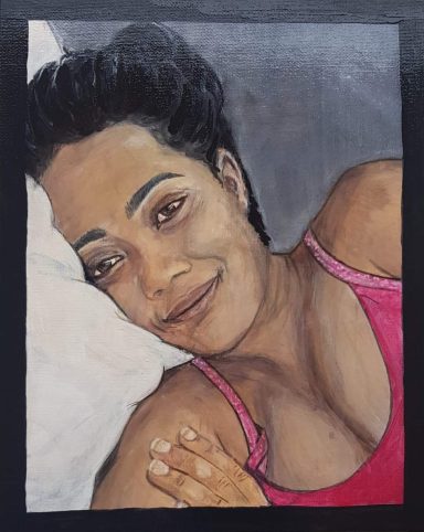 Portrait acrylique d’une jeune femme  au regard intense et au léger sourire mélancolique