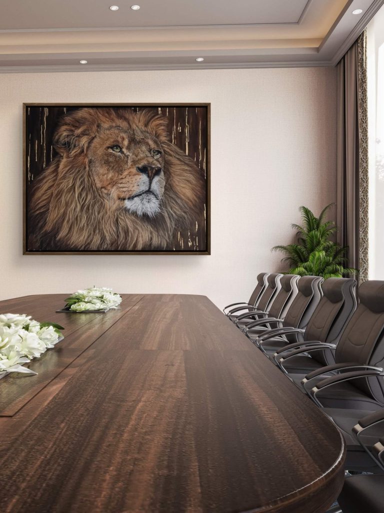 Eclat Sauvage accroché dans un intérieur moderne Mise en situation du tableau Eclat Sauvage, accroché dans un intérieur moderne – peinture d’Anne Marguet.