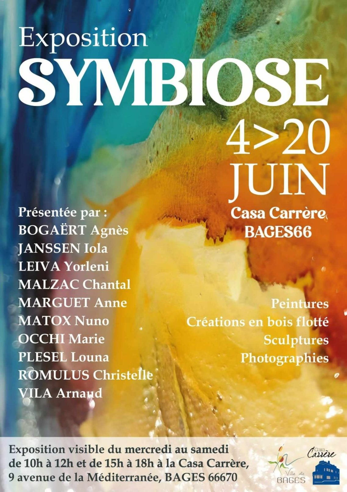 Affiche de l'exposition "SYMBIOSE" du 4 au 20 juin, avec les noms des artistes participants.