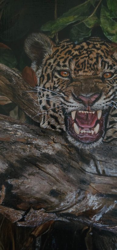 Gros plan sur la tête du jaguar, regard intense, peinture d’Anne Marguet