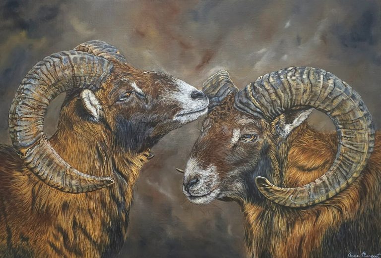 Frères de Roc– Hyper-realistic Bengal tiger acrylic by Anne Marguet This 50 × 73 cm acrylic painting, Brothers of Rock, depicts a pair of mouflons .