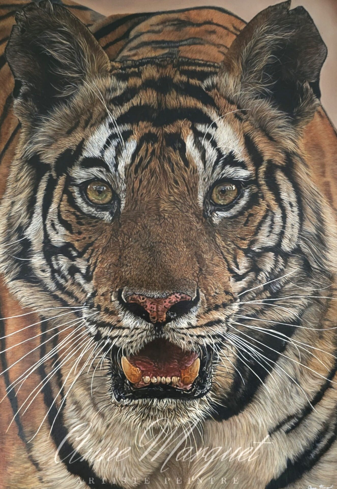 Peinture acrylique fine art du tableau 'Face à Face: Le Tigre du Bengale', représentant un tigre indien emblématique. 