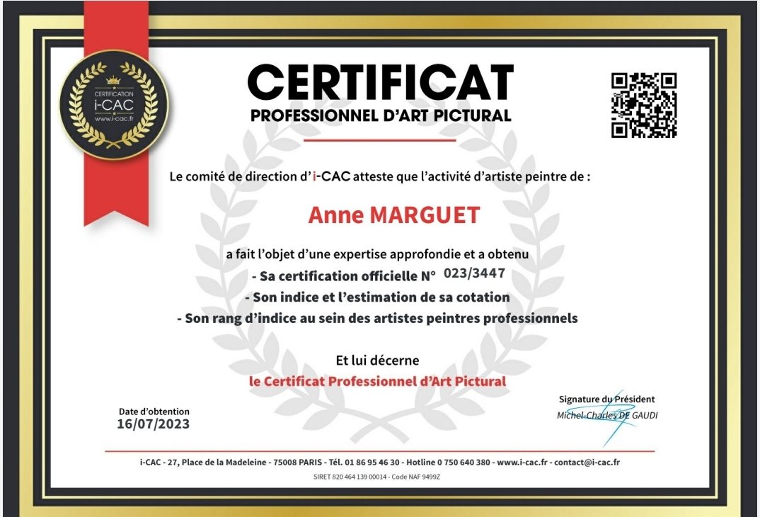 Certificat de cotation I-CAC – Anne Marguet 2025 Certificat de cotation I-CAC d’Anne Marguet, artiste peintre 2025