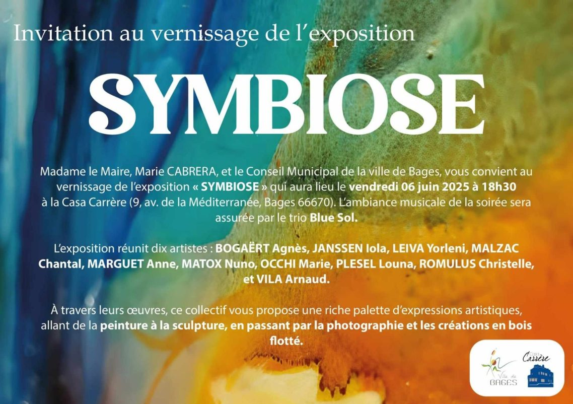 Invitation au vernissage de l'exposition "SYMBIOSE" avec des détails sur l'événement. Actualité
