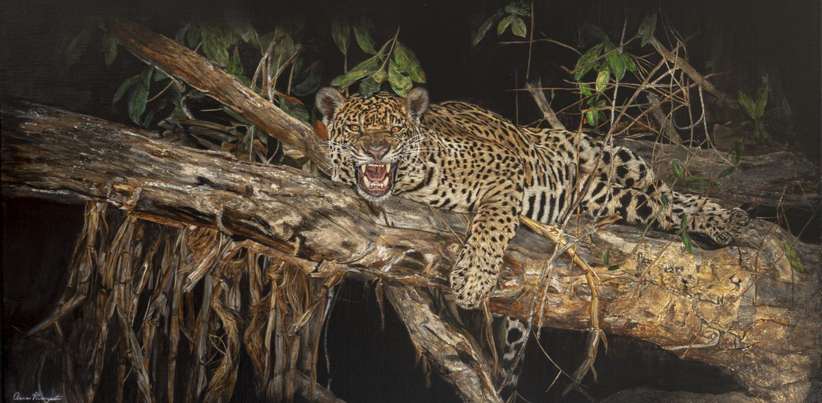 Peinture animalière hyperréaliste à l’acrylique représentant un jaguar, œuvre signée Anne Marguet