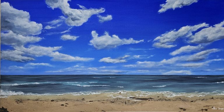 Horizon marin avec nuages, ciel bleu, sable et branchages sur le rivage