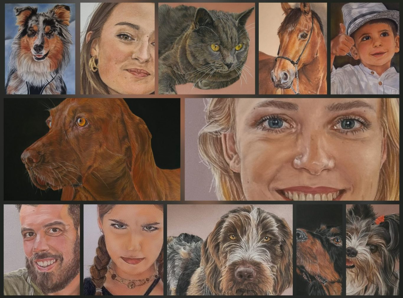 Galerie de portraits au pastel – Animaux et humains – Anne Marguet Collage de portraits animaliers et humains réalisés au pastel par Anne Marguet, expressions réalistes et émotionnelles