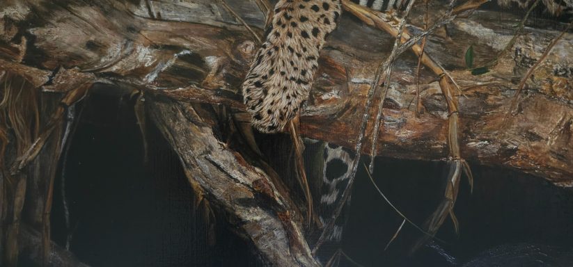 Détail d’une branche et de la patte dans la scène nocturne, peinture Anne Marguet

