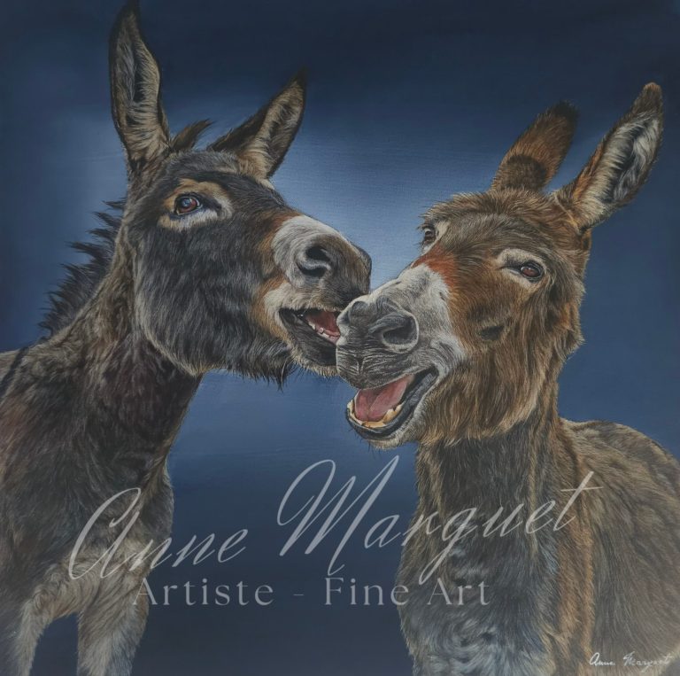 Les Têtus en Scène - Une toile pleine d'humour par Anne Marguet peinture réaliste de deux ânes rieurs et souriants sur fond bleu par Anne Marguet