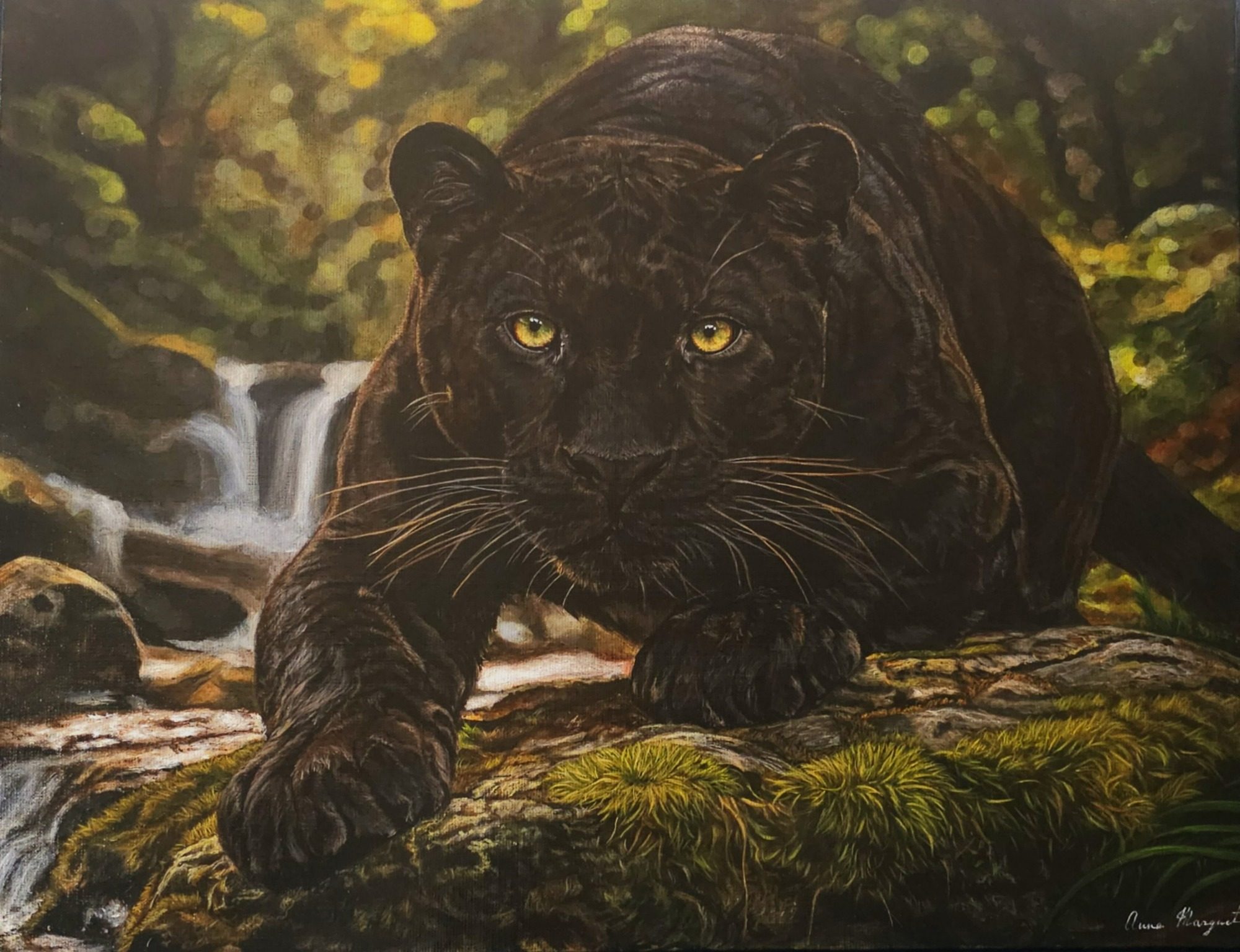 Peinture acrylique d'une panthère noire en gros plan, regard intense face au spectateur, œuvre animalière signée Anne Marguet