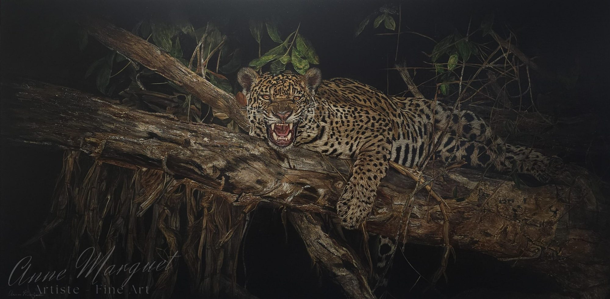Peinture animalière hyperréaliste à l’acrylique représentant un jaguar, œuvre signée Anne Marguet