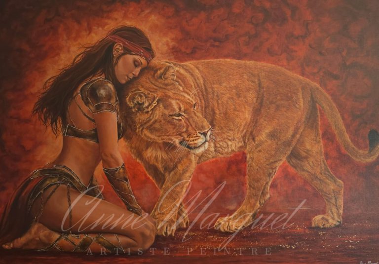 Lionne et femme, peinture animalière symbolique, force intérieure et Energie primitive