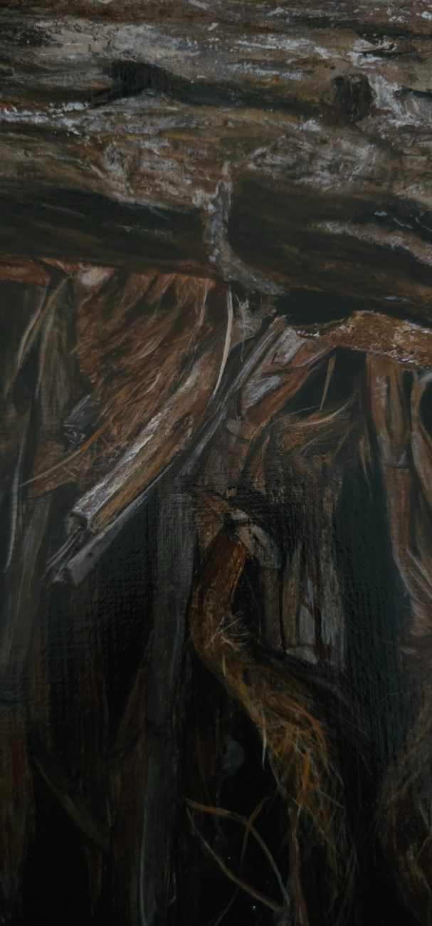 Détails de la branche sur laquelle le jaguar est allongé. Peinture acrylique Hyperréaliste