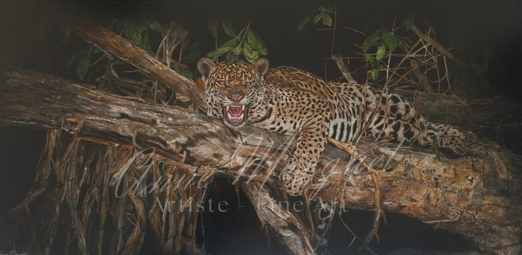 " Nuit Amazonienne - Peinture Jaguar- Tableau d'art contemporain" Acrylique | Artiste Coté i-CAC "Photo du tableau 'Nuit Amazonienne : Le Jaguar', une peinture acrylique originale d'un jaguar sauvage la nuit dans la forêt amazonienne."