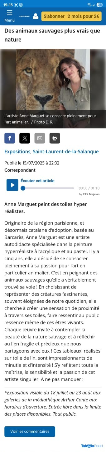 Photo de l'article sur Anne Marguet parue dans L'Indépendant annonçant l'exposition à la Médiathèque Arthur Conte