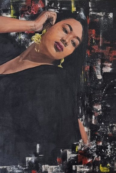 Portrait acrylique d’une femme sur fond abstrait, visage expressif et présence élégante