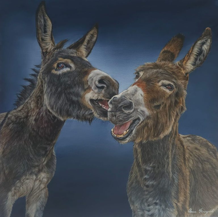 “Les Têtus en Scène” – Acrylic artwork of two donkeys by Anne Marguet Acrylic painting “Les Têtus en Scène” by Anne Marguet, featuring two donkeys smiling against a soft blue background.
