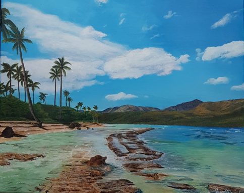 Tableau à l’acrylique avec mer, montagnes, palmiers, rochers et algues en bord de rive