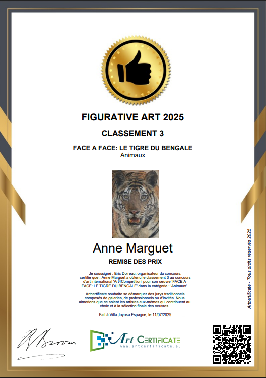Certificat du 3e prix dans la catégorie Animal pour l’œuvre Face à face – le tigre du Bengale, primé en 2025 par ArtCertificate.