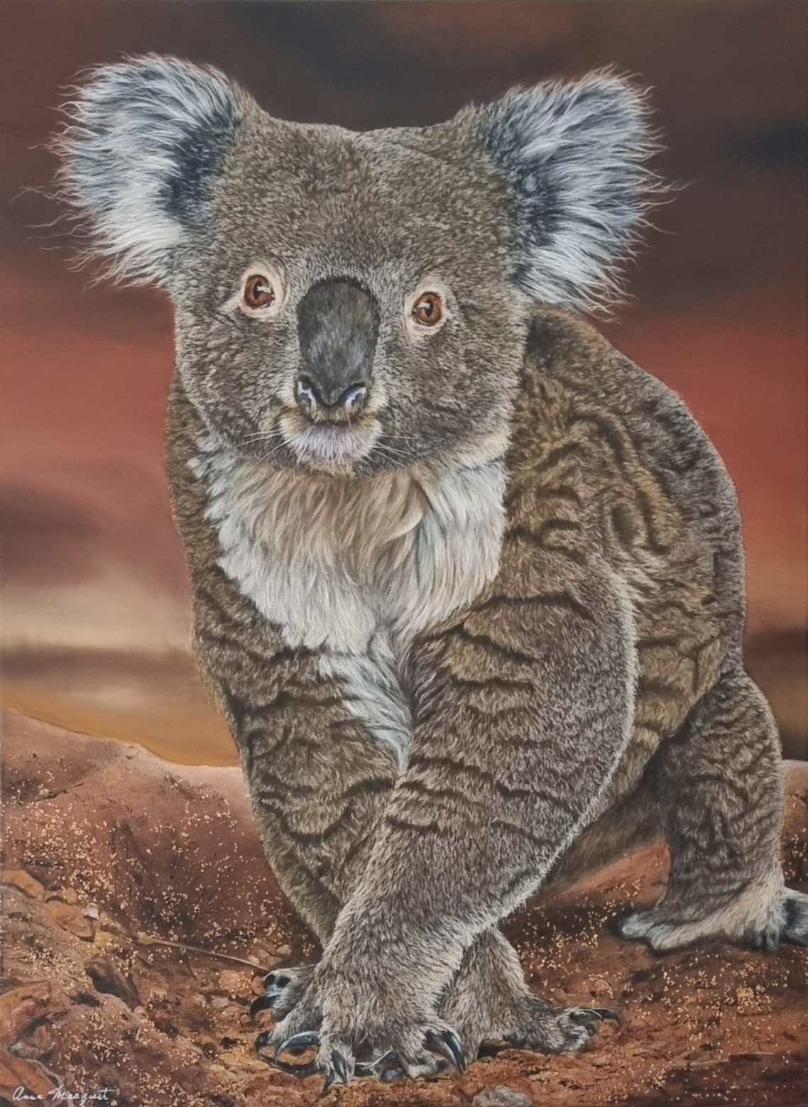 Tableau "Koobor le koala" par Anne Marguet, peinture animalière acrylique représentant un koala sur fond végétal lumineux