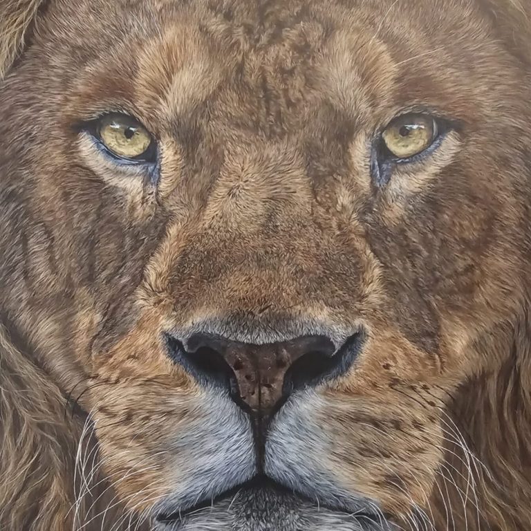 Gros plan hyperréaliste d'un lion de face, peint à l'Acrylique, regard intense et captivant